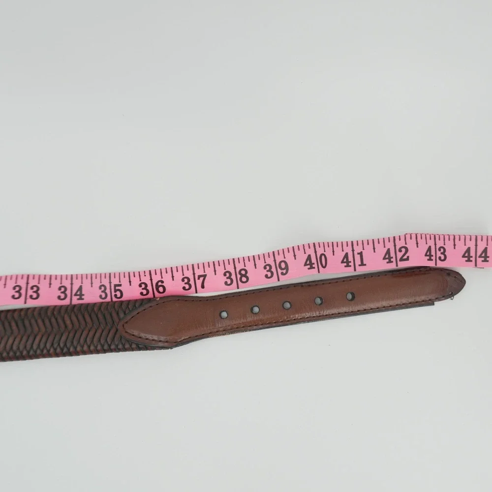 Braided Leather Belt Mens 38-40 Brown Herringbone Woven Silver Buckle